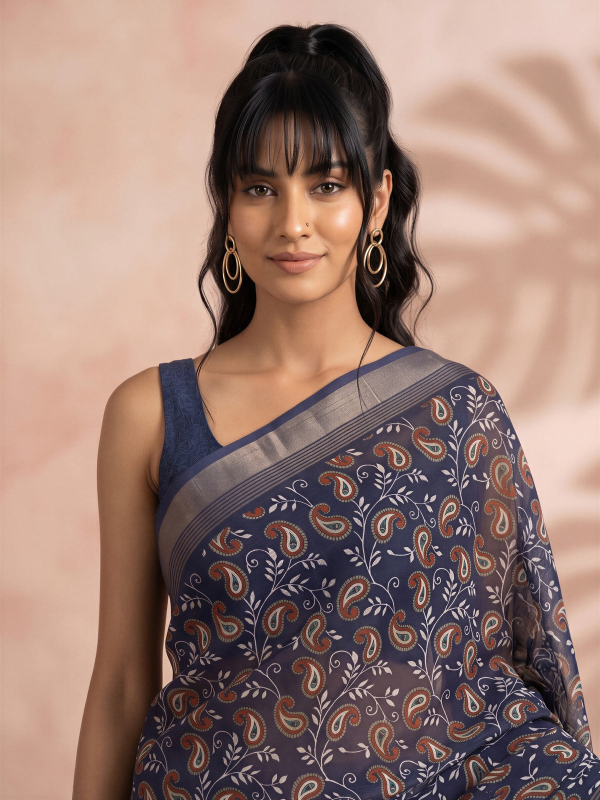 Navy Blue Cotton Linen saree – detail view 4