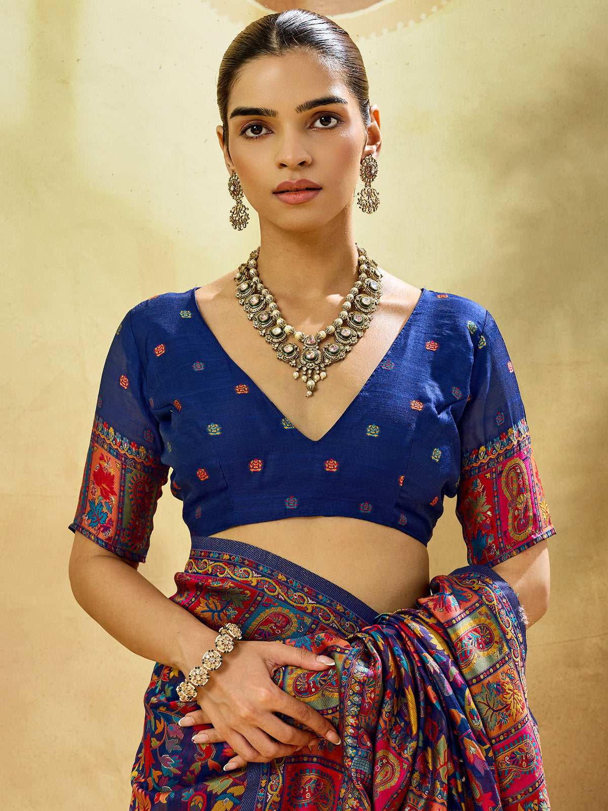 Unstitched navy blue muga cotton blouse piece with woven design design