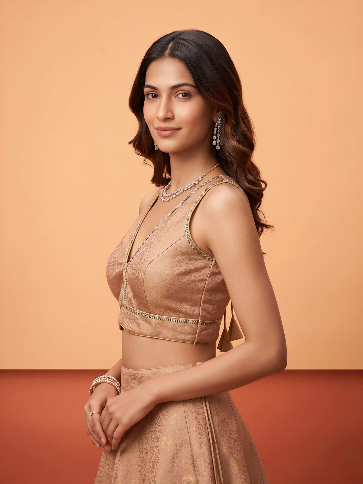Beige woven brocade silk blend sleeveless readymade saree blouse with deep v neck view 2