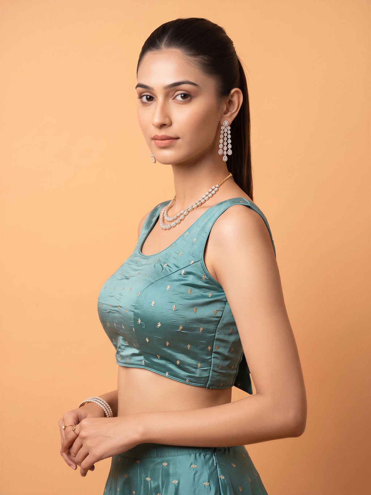 Light Blue sequin embellished silk blend sleeveless readymade saree blouse with round neck view 2