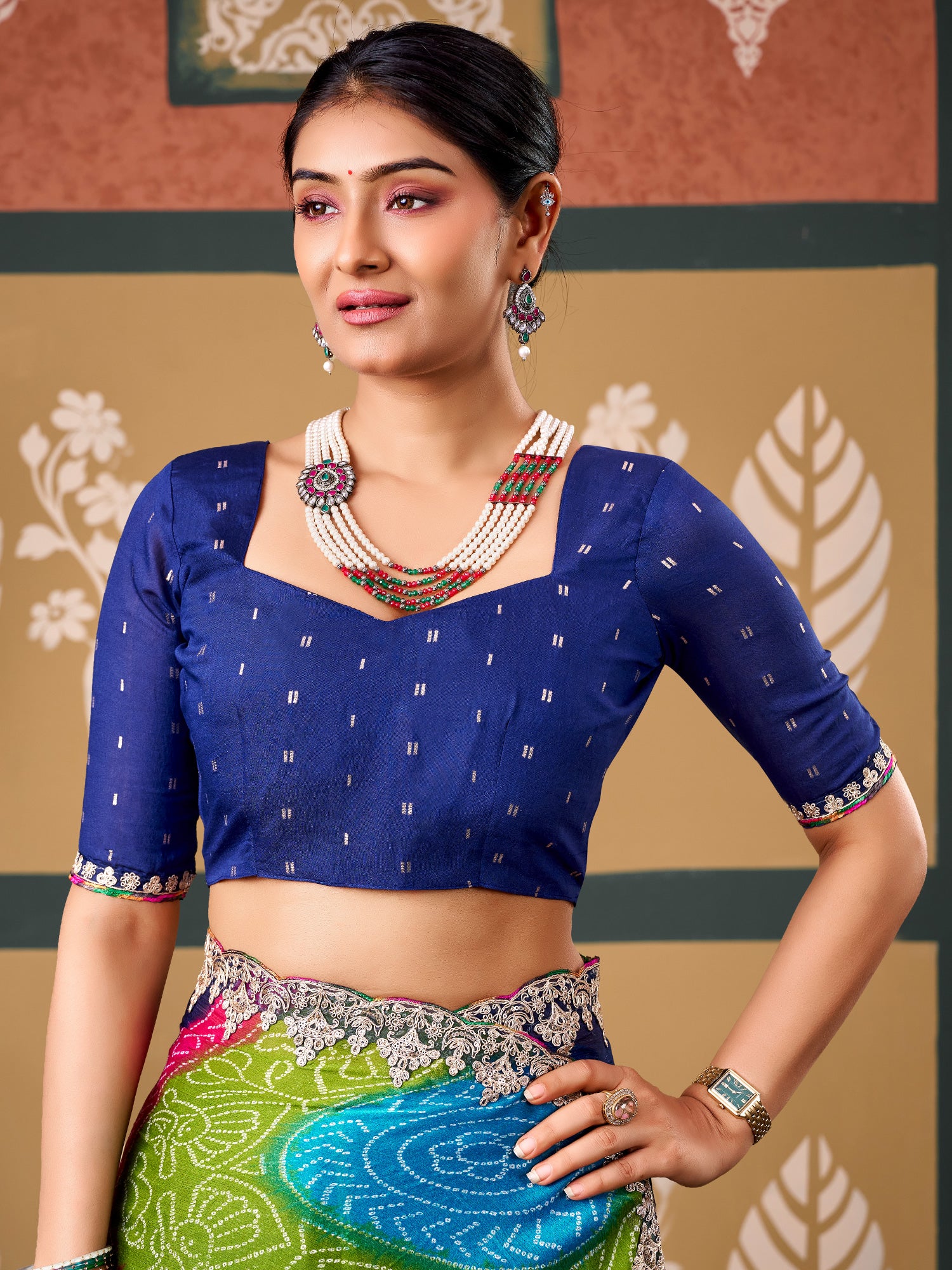 Unstitched navy blue banarasi silk blouse piece with zari butta design