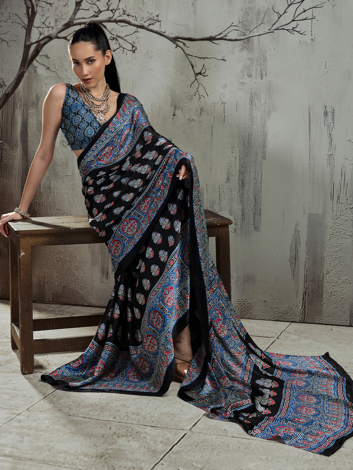 Black satin saree view 2