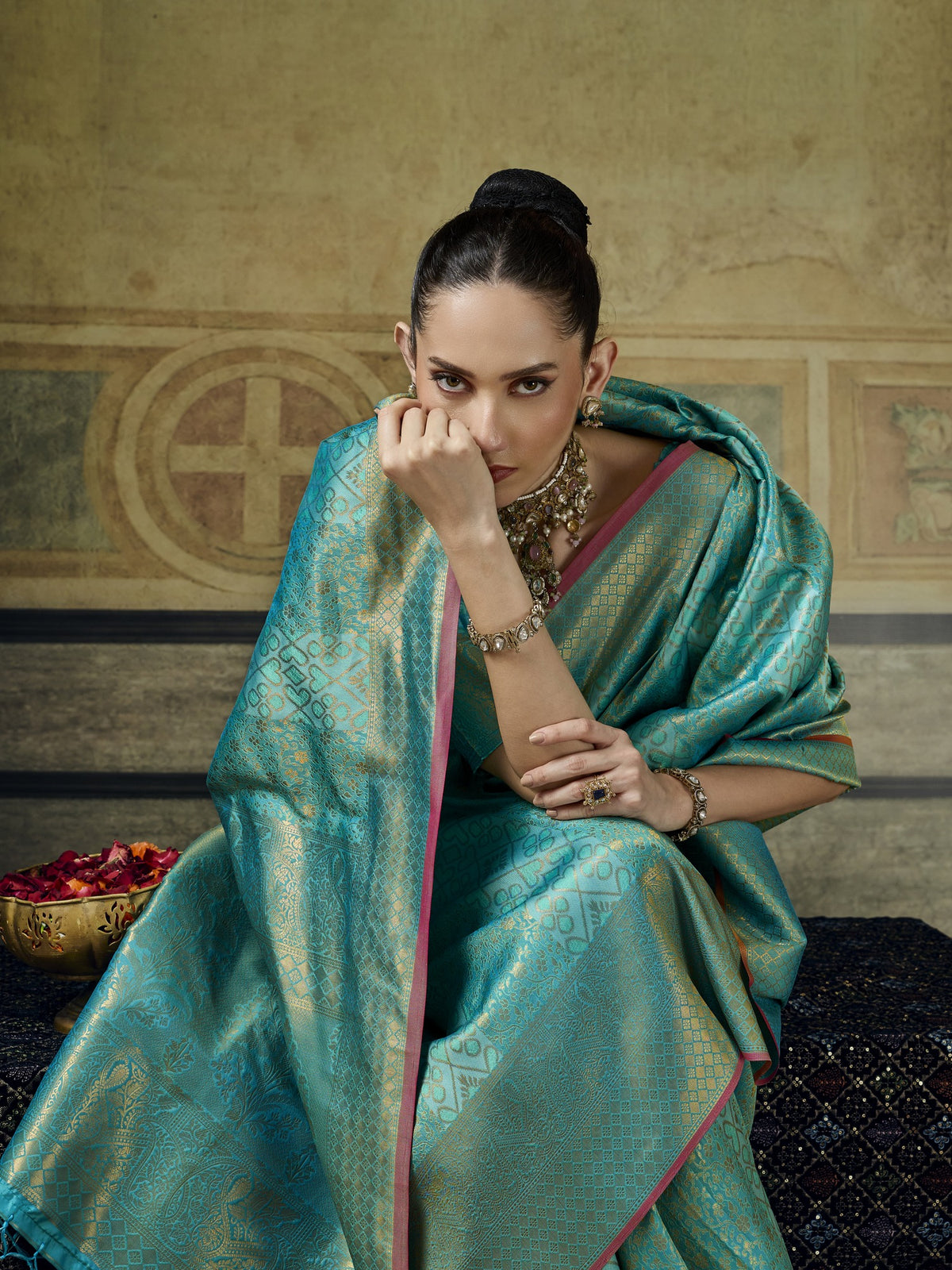 Turquoise Blue Pure Silk saree – detail view 1