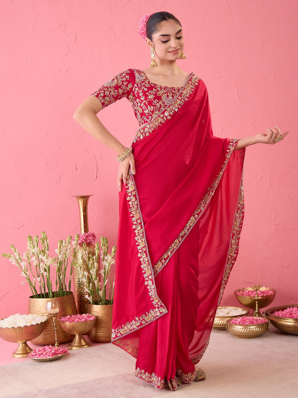 Pink Vichitra Silk saree – detail view 5
