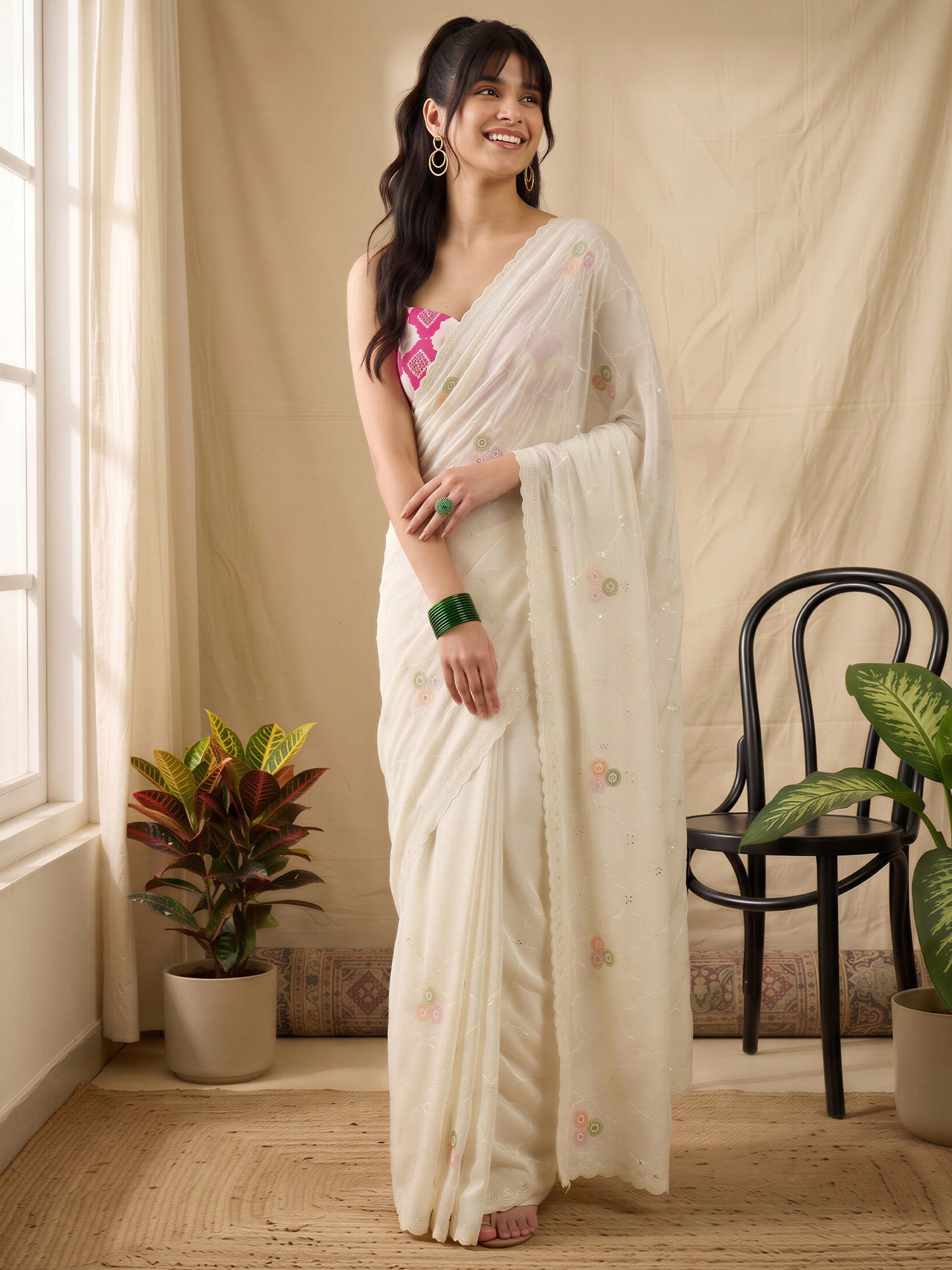 Off White Vichitra Silk saree – detail view 3