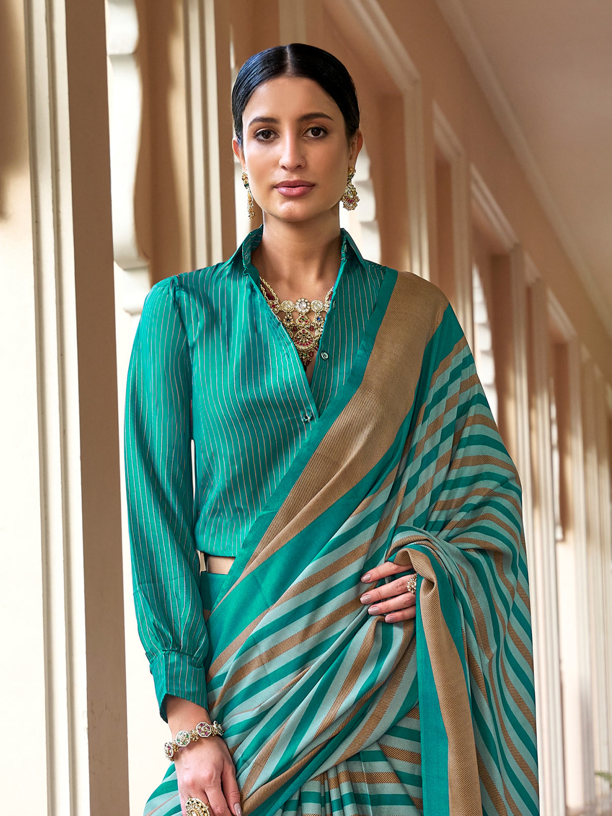 Teal Green crepe saree view 2