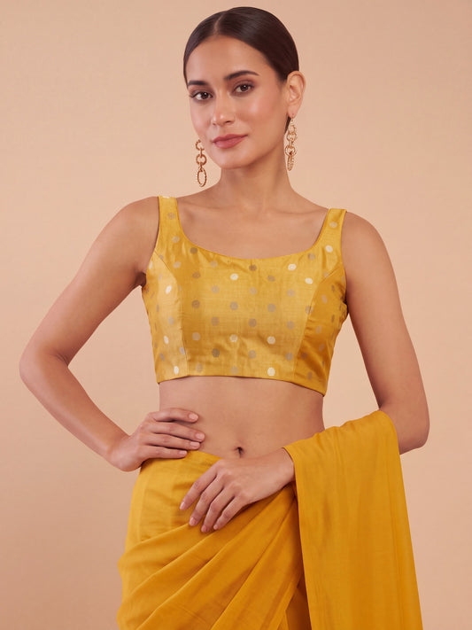 Yellow zari woven georgette sleeveless readymade saree blouse with round neck view 1