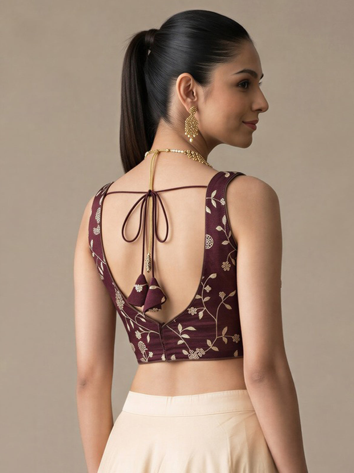 Dark Brown sequin embellished silk blend sleeveless readymade saree blouse with v neck view 2