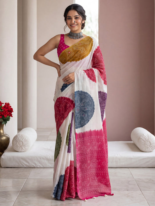 Woman wearing off white linen saree with bandhani tie-dye dot work and pink blouse