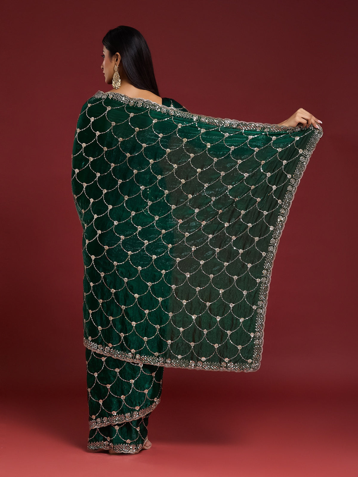 Green Satin saree – detail view 4