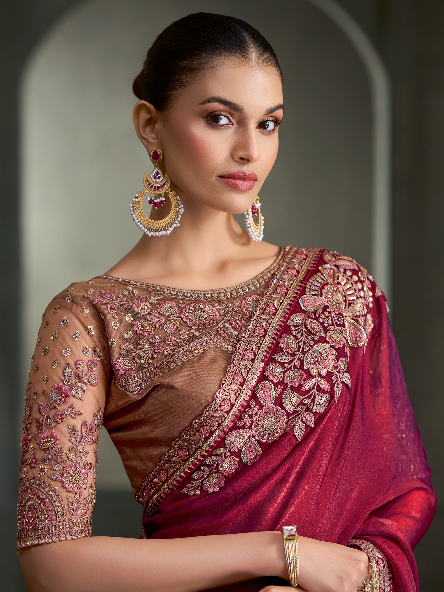 Wine Satin Silk saree – detail view 1