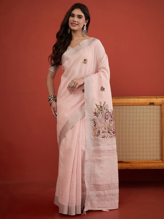 Pink embroidered linen blend saree with pink blouse piece