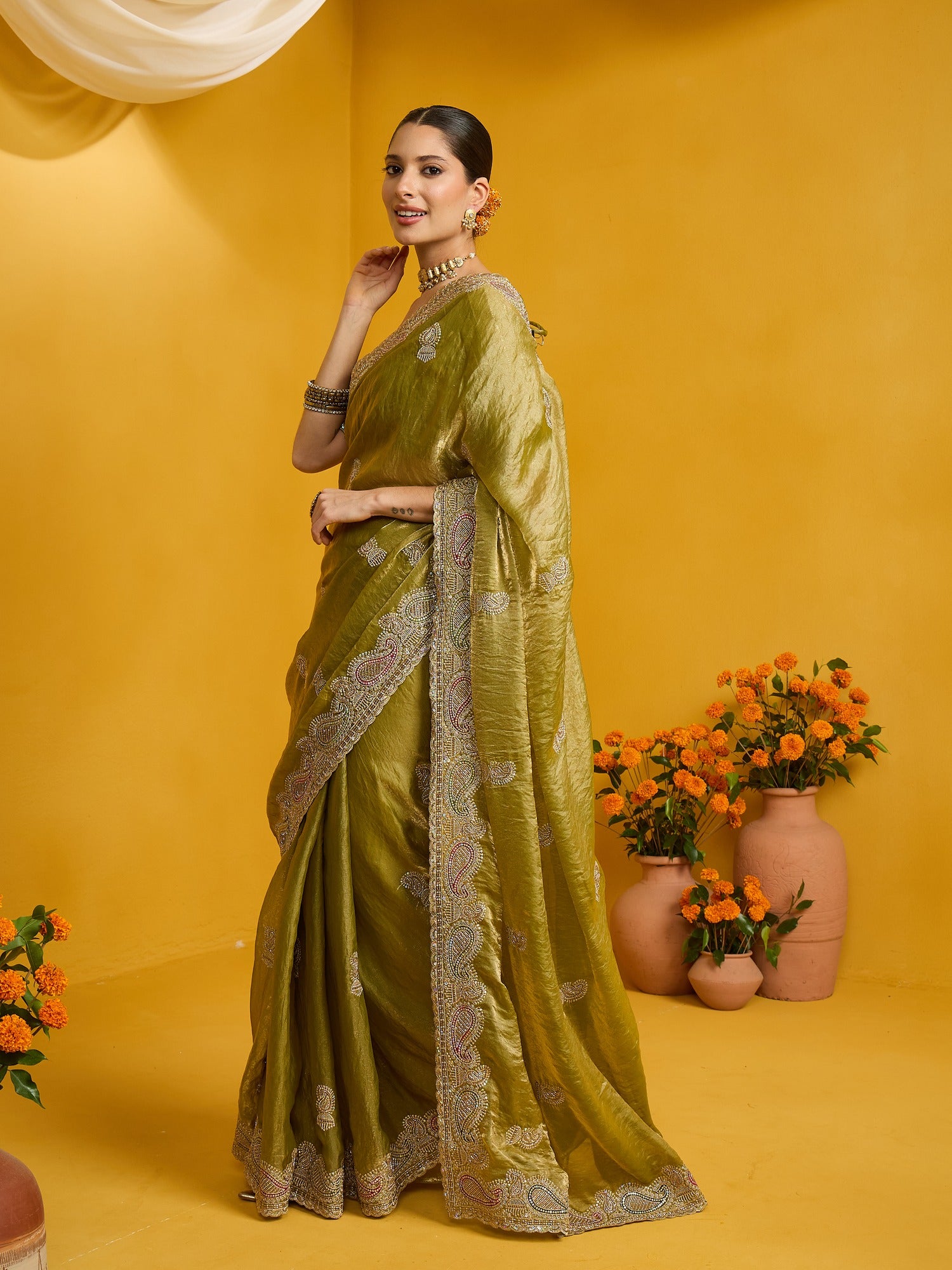 Olive Satin Silk saree – detail view 1