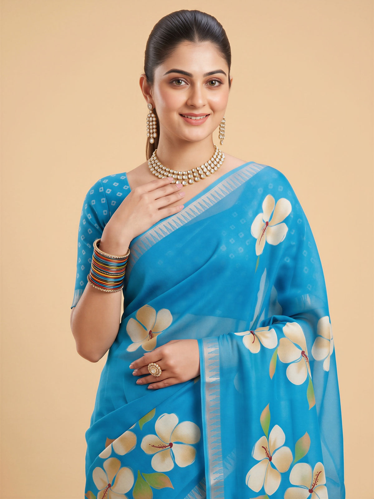 Turquoise Blue Georgette saree – detail view 3