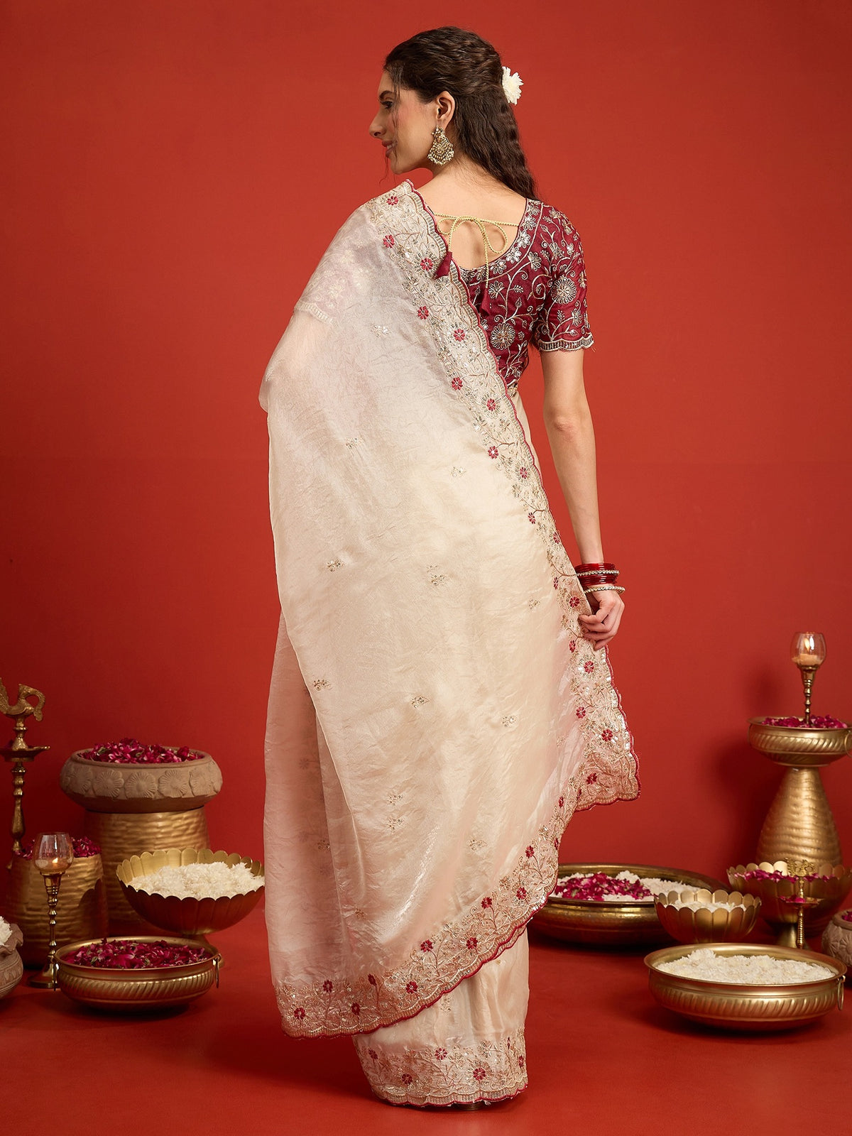 Off White Satin saree – detail view 2