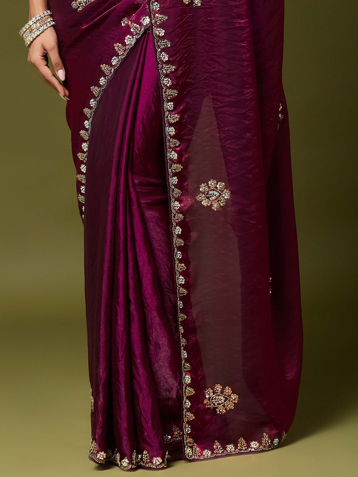 Wine Satin Silk saree – detail view 5