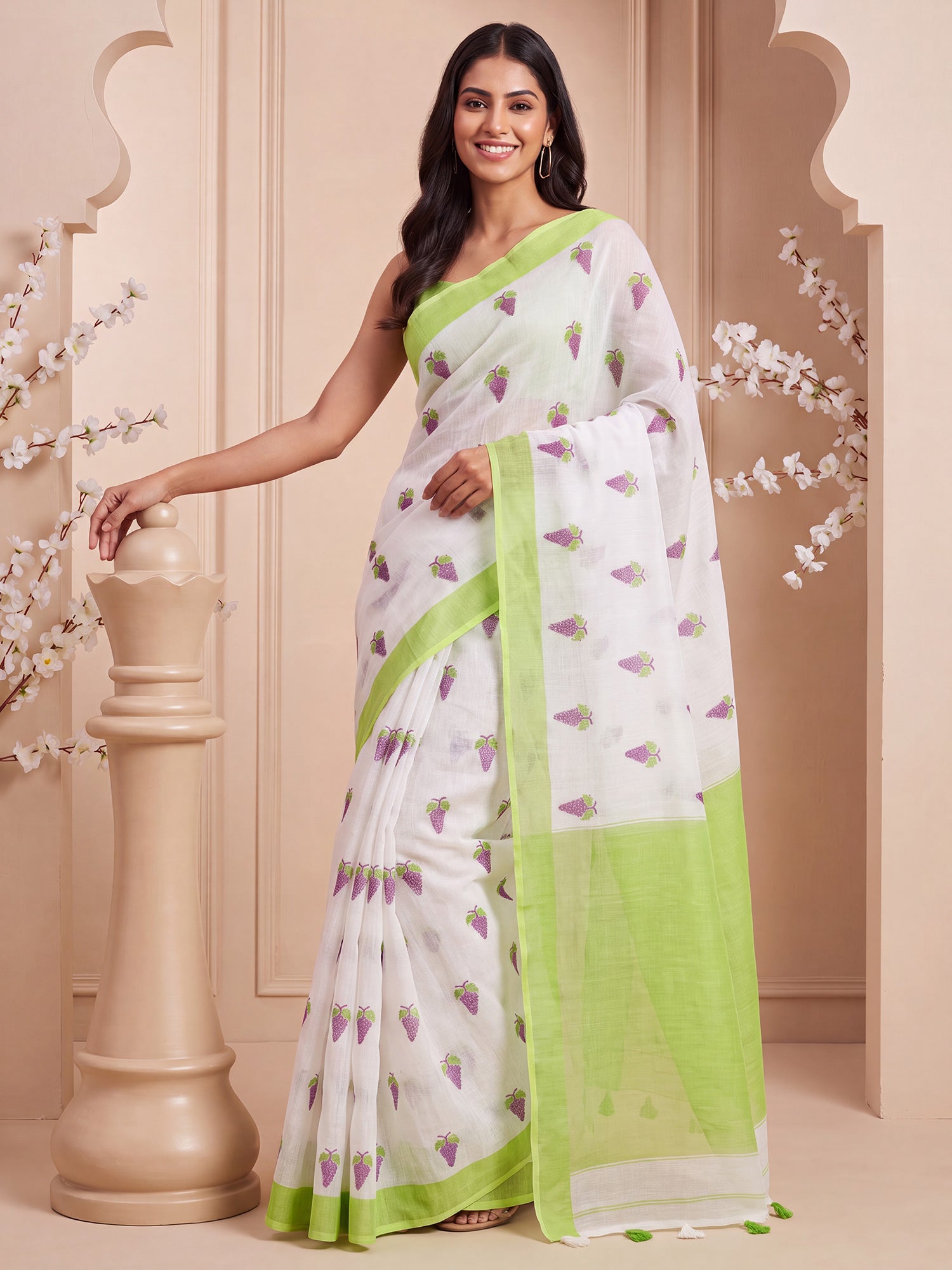 Lime Green Cotton Linen saree – detail view 3