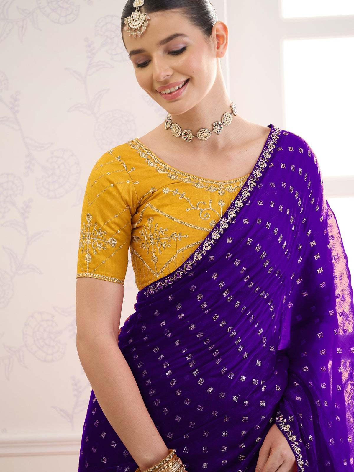 Violet chiffon saree view 5