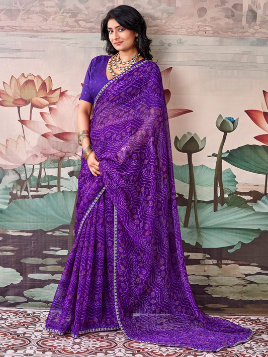 Woman wearing purple georgette saree with leheriya design and purple blouse