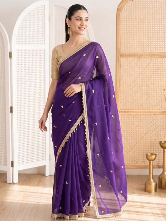 Purple embellished poly georgette saree with gold blouse piece