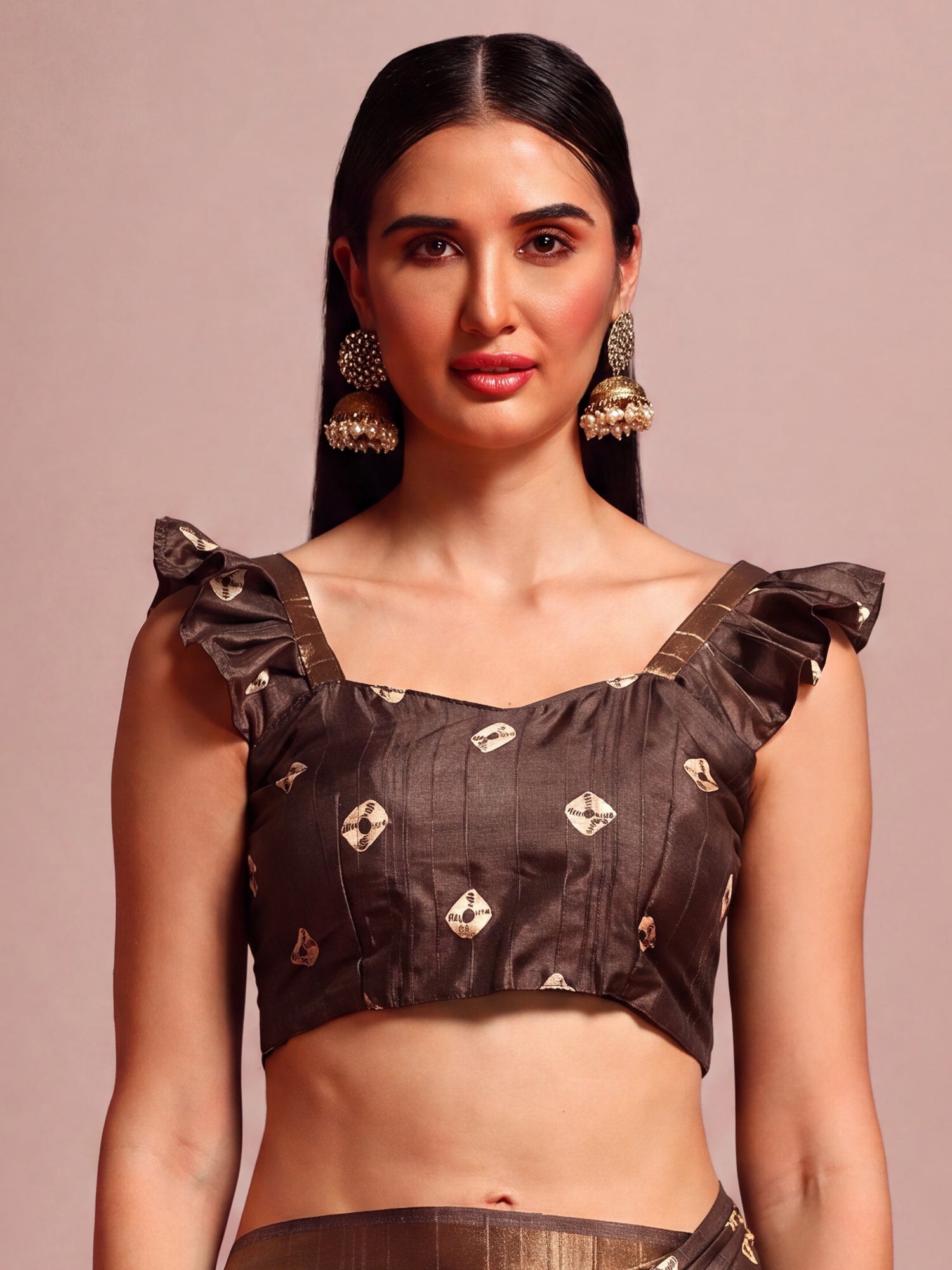 Unstitched coffee brown silk blend blouse piece with ethnic motif design