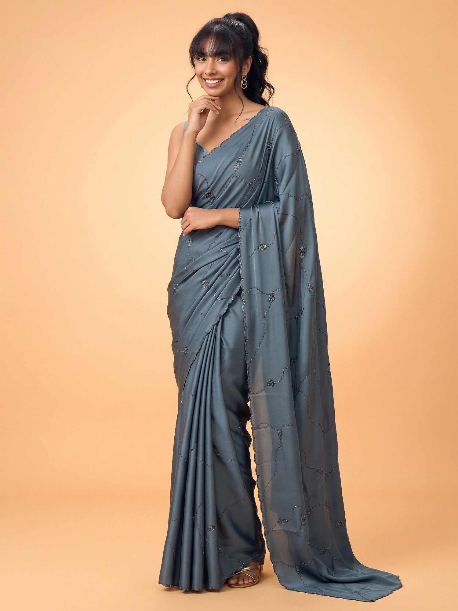 Teal Blue Satin Silk saree – detail view 3
