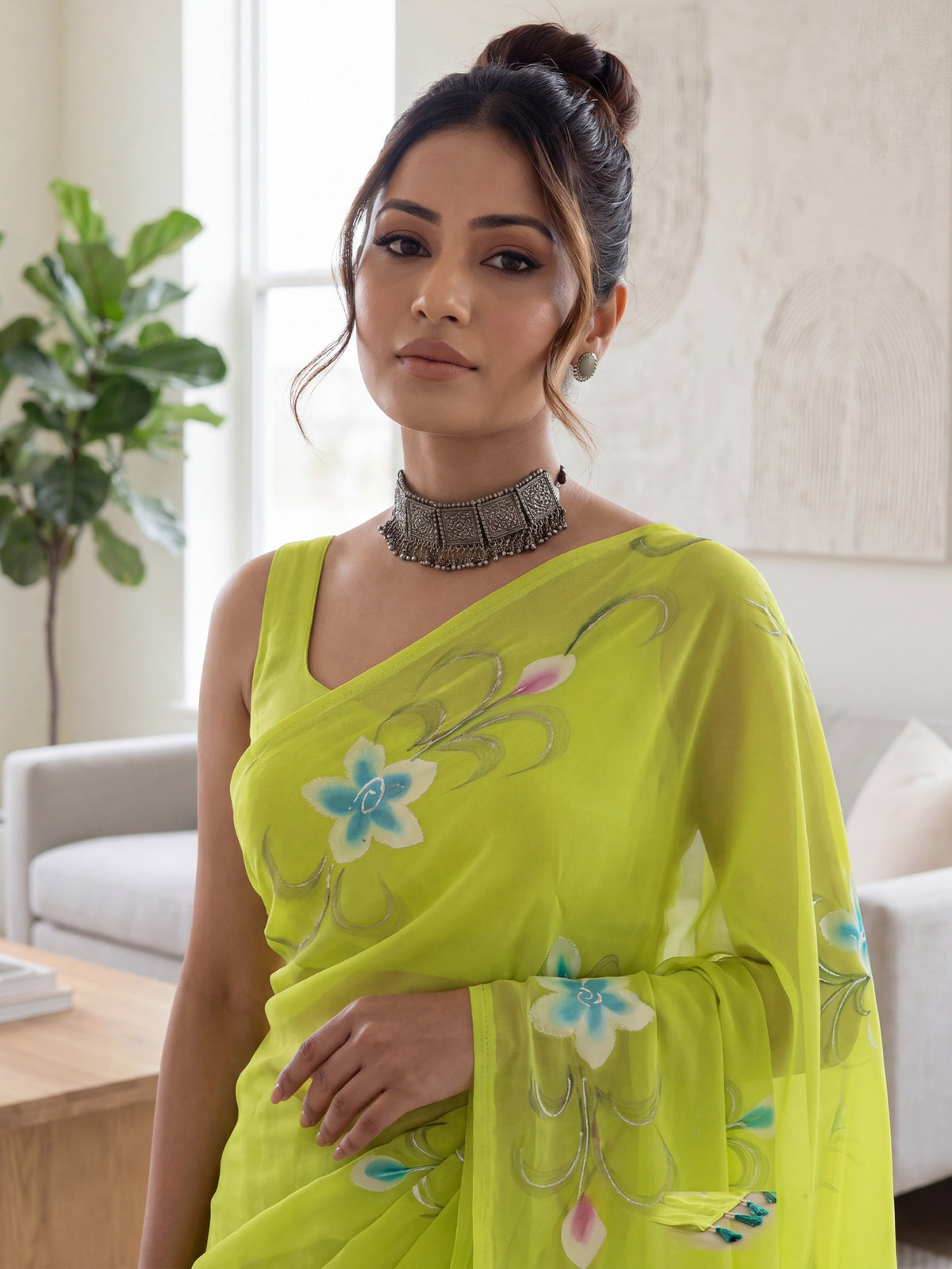 Lime Green Georgette saree – detail view 4