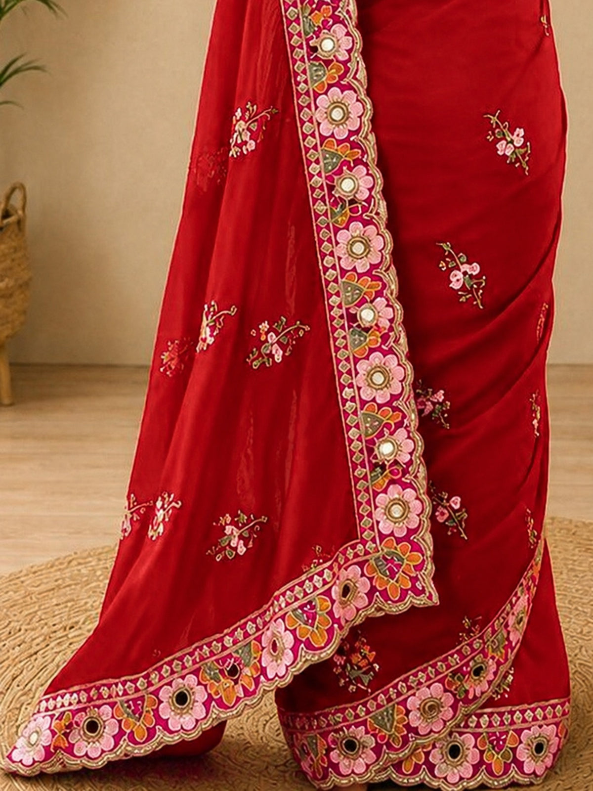 Red Pure Georgette saree – detail view 4