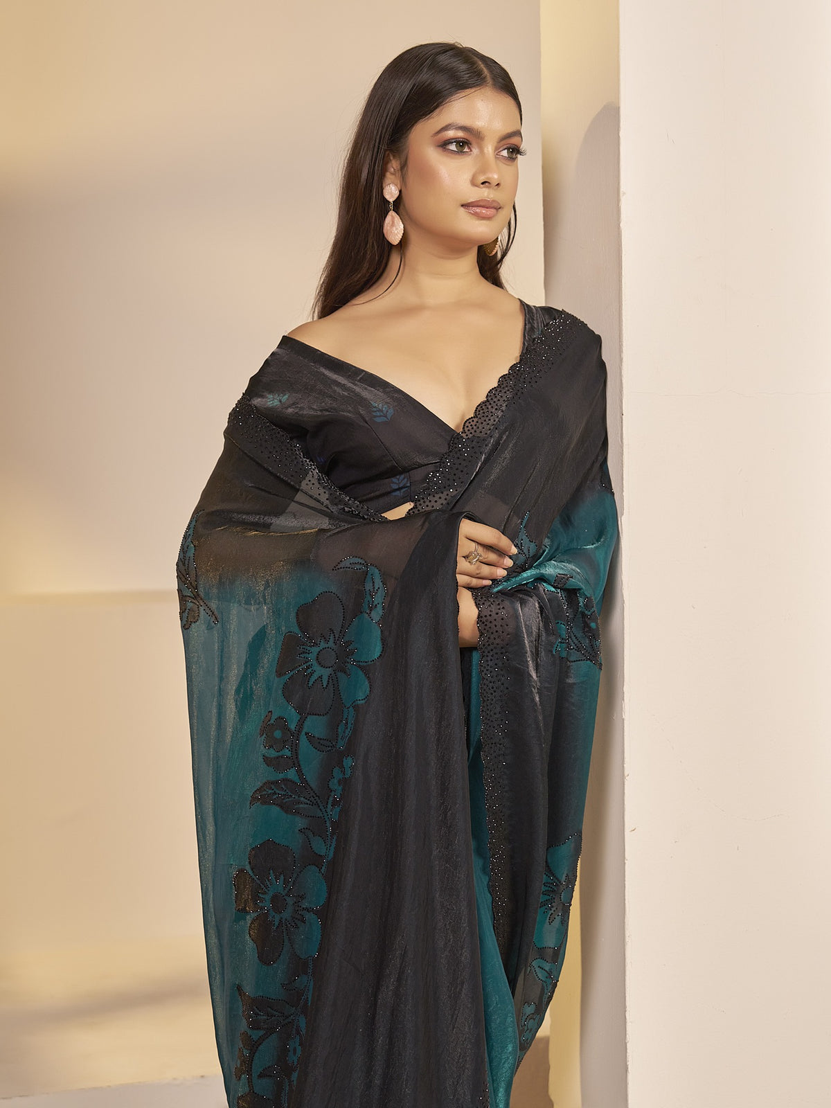 Teal satin silk saree view 4