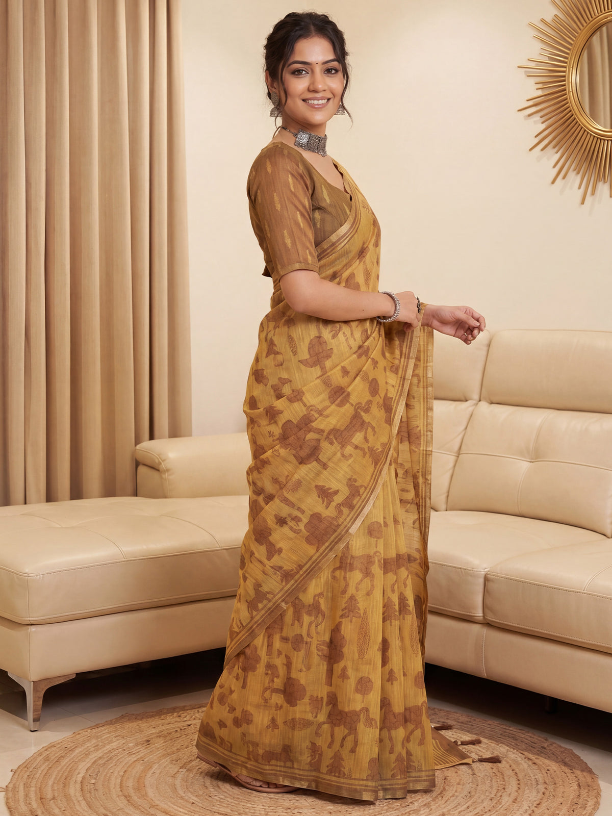 Camel Brown Cotton Linen saree – detail view 3