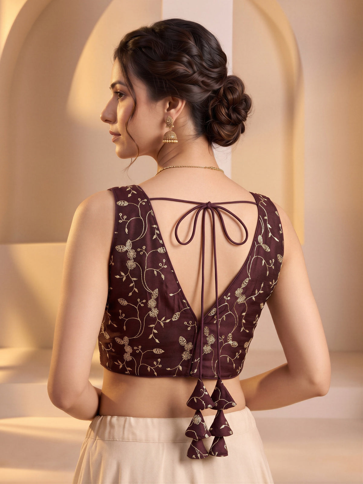 Dark Brown sequin embroidered vichitra silk sleeveless readymade saree blouse with v neck view 1