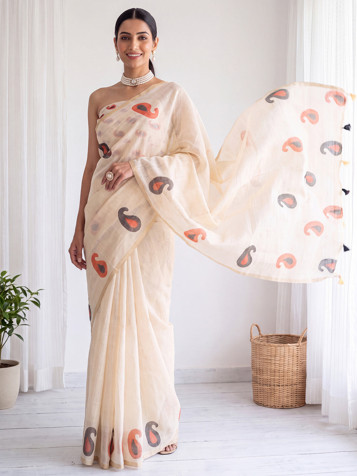 Cream Cotton Linen saree – detail view 3