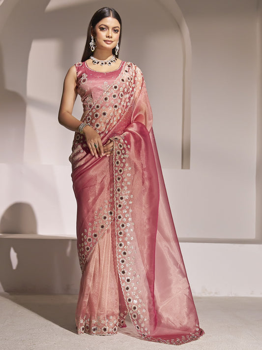 Pink applique organza saree with pink blouse piece