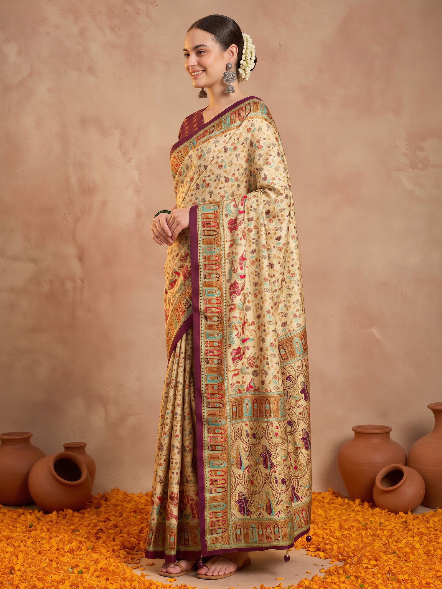 Cream Silk Blend saree – detail view 3