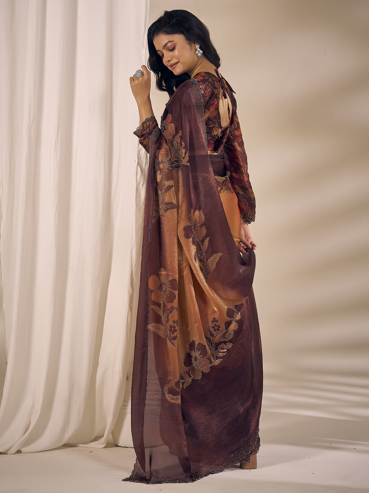 Bronze satin silk saree view 2