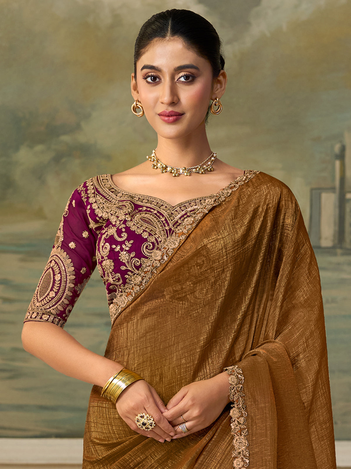 Olive Georgette saree – detail view 2
