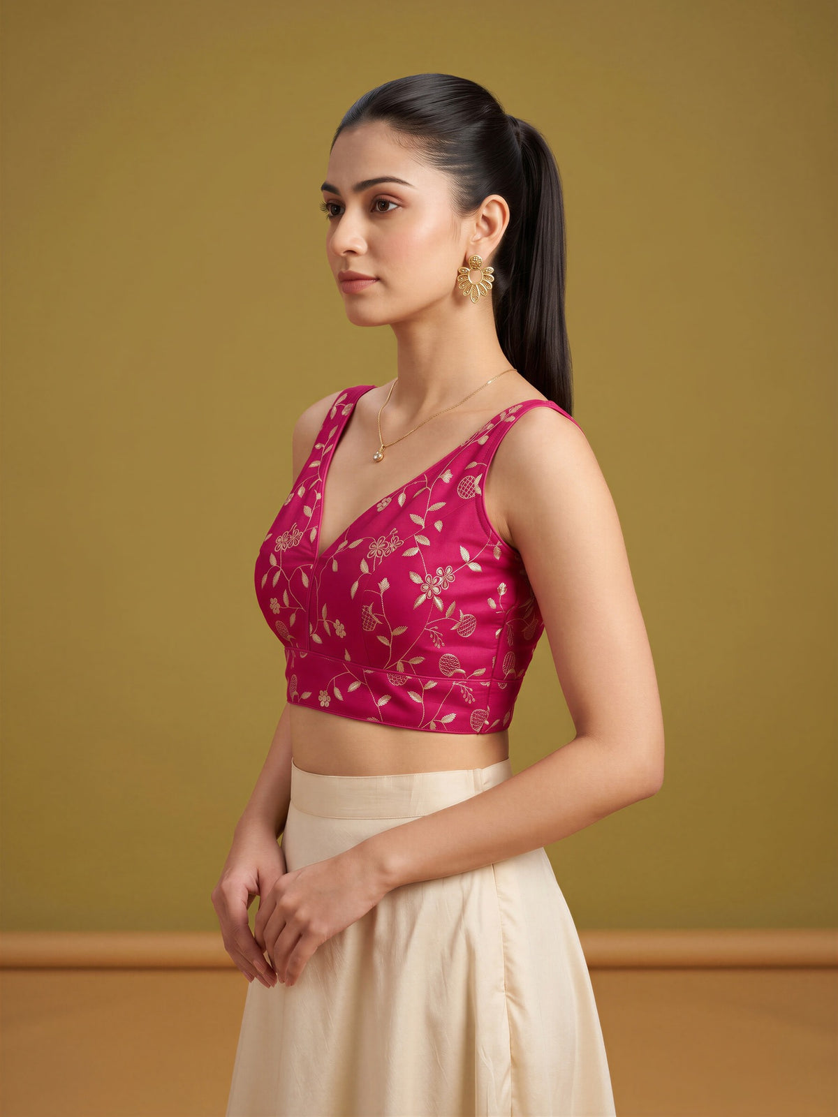 Pink sequin embellished silk blend sleeveless readymade saree blouse with v neck view 2