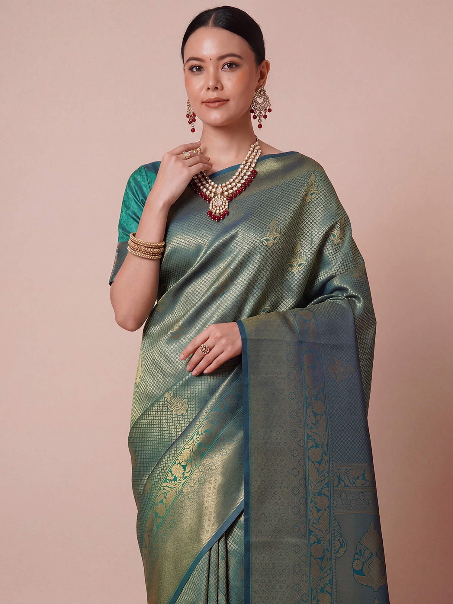 Teal Green Silk Blend saree – detail view 4