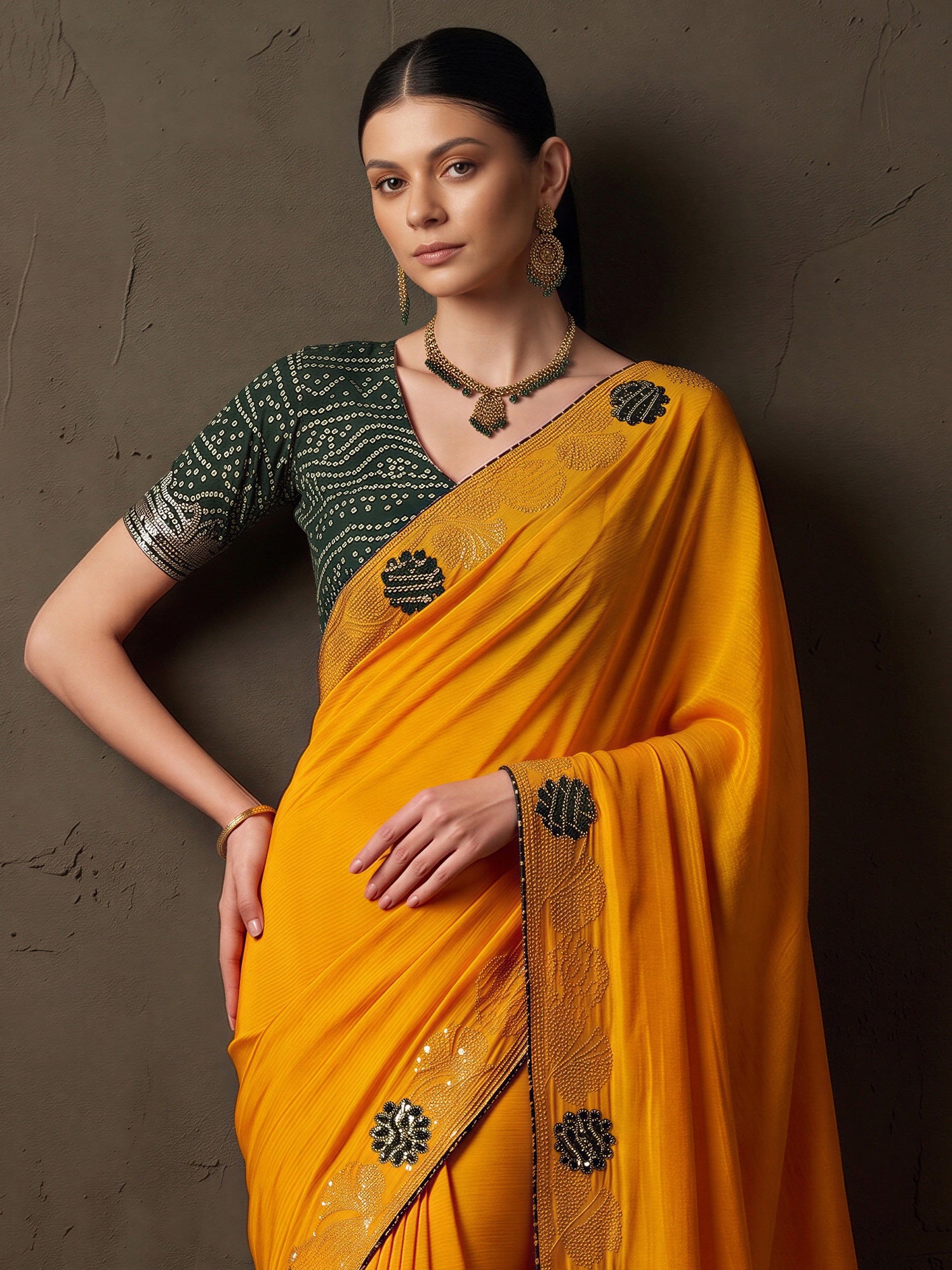 Mustard Vichitra Silk saree – detail view 4