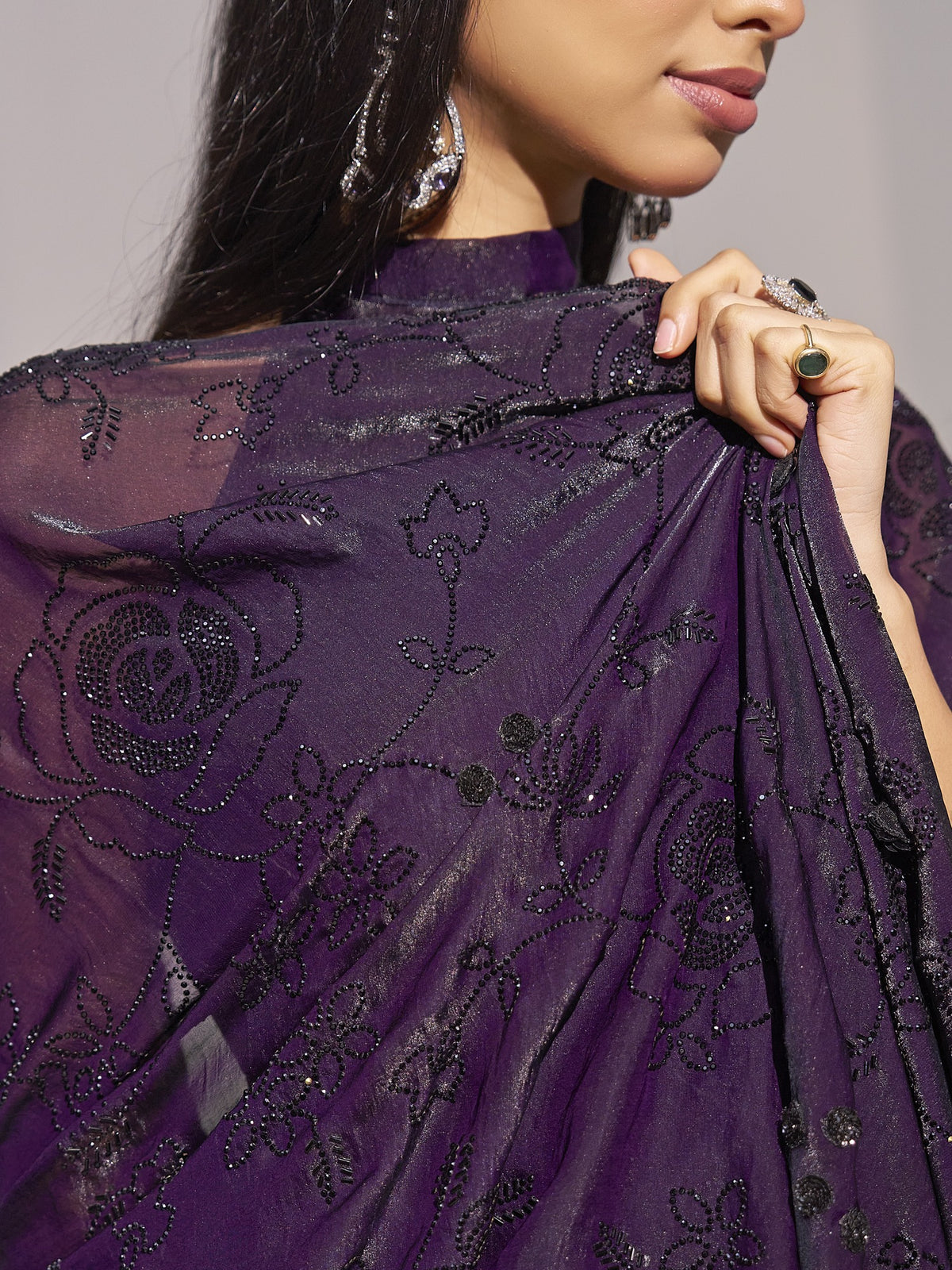 Purple satin silk saree view 6