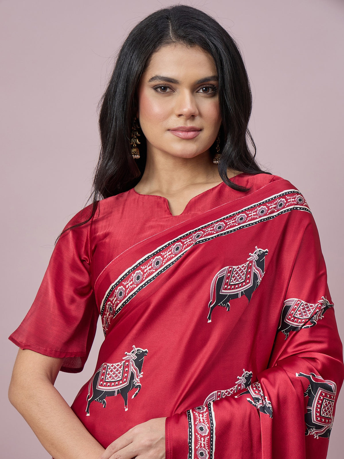 Red satin saree view 3