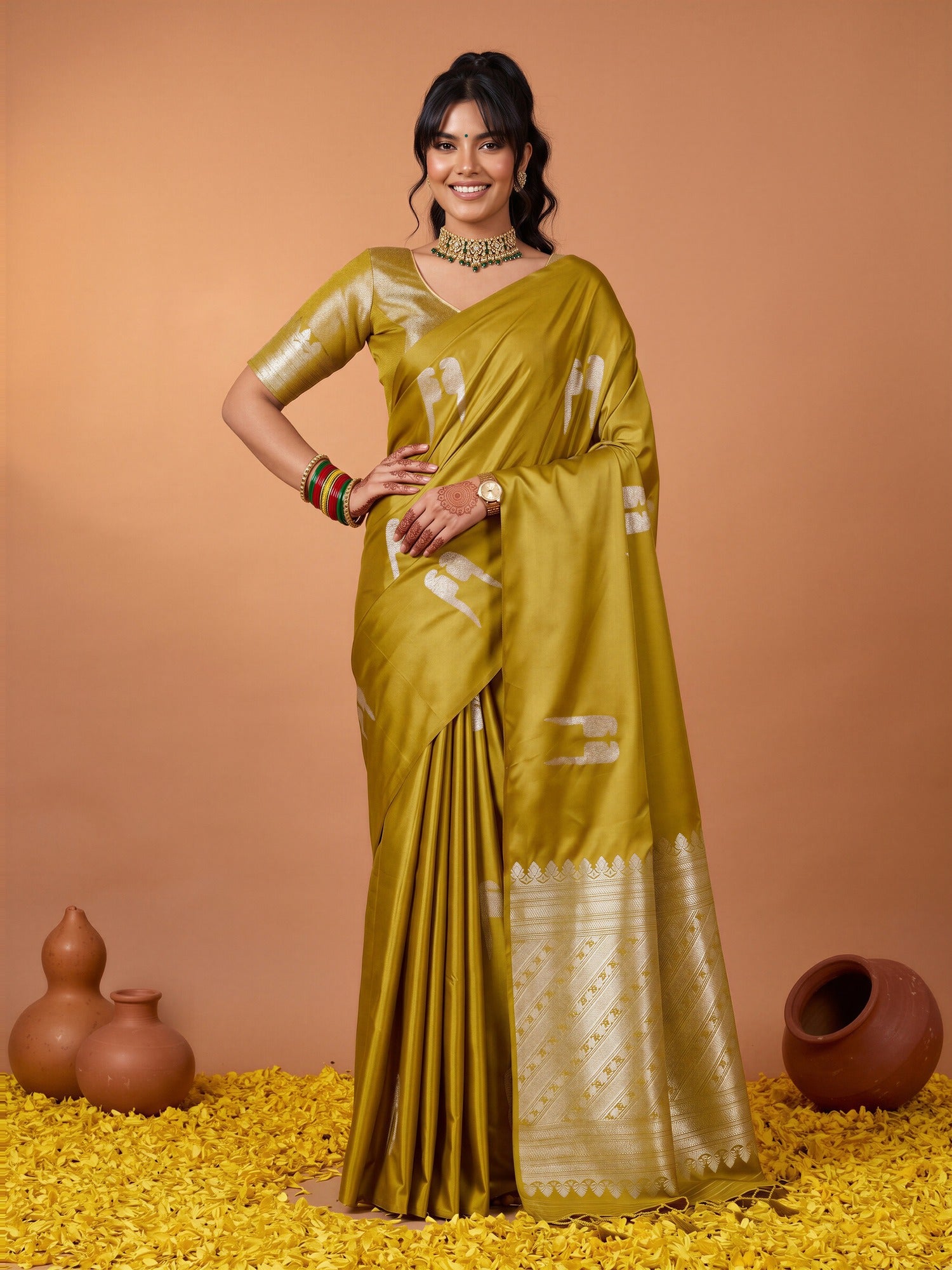 Woman wearing olive satin saree with botanical floral and leaf design and olive blouse