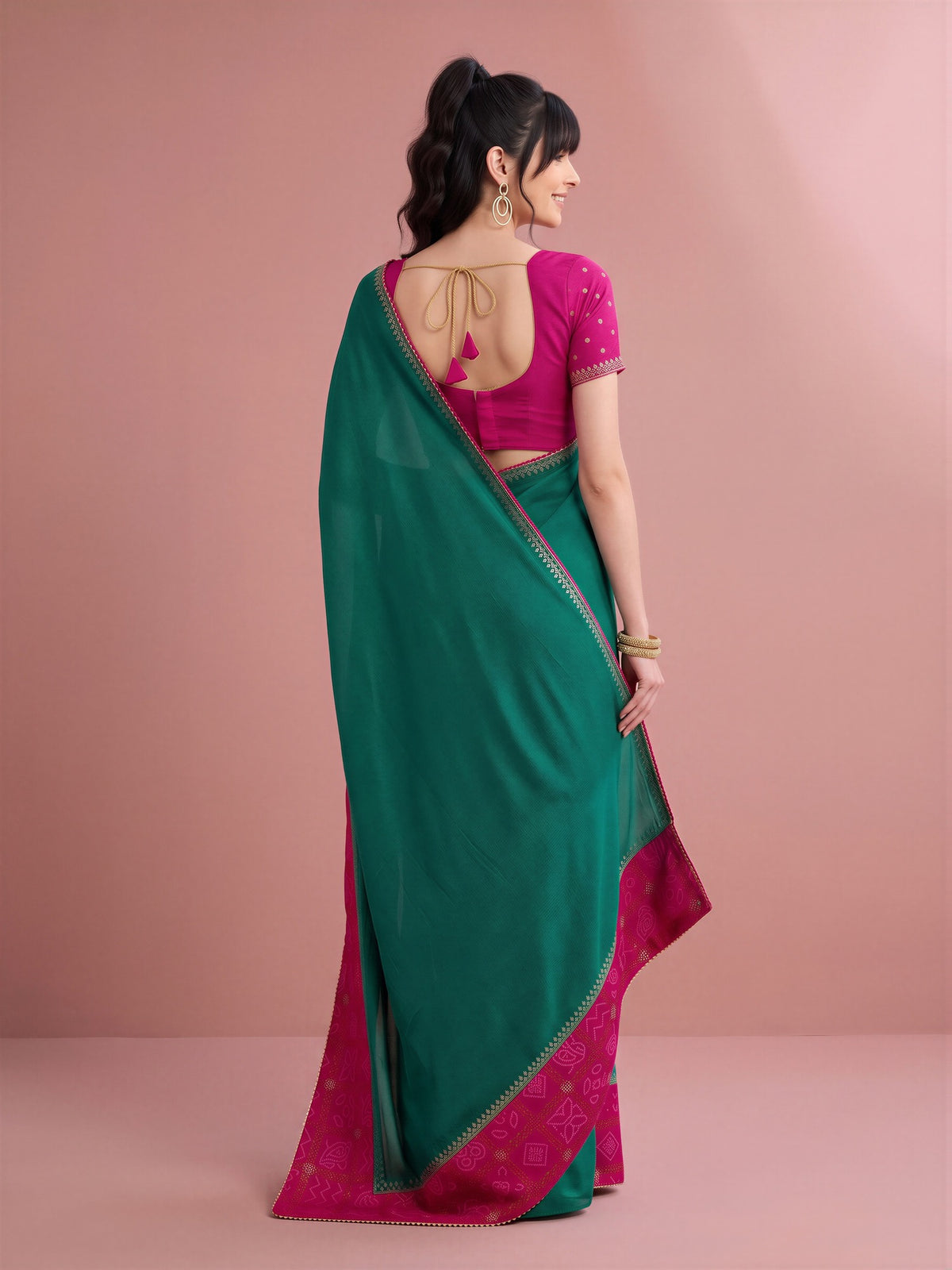 Teal Green Vichitra Silk saree – detail view 1
