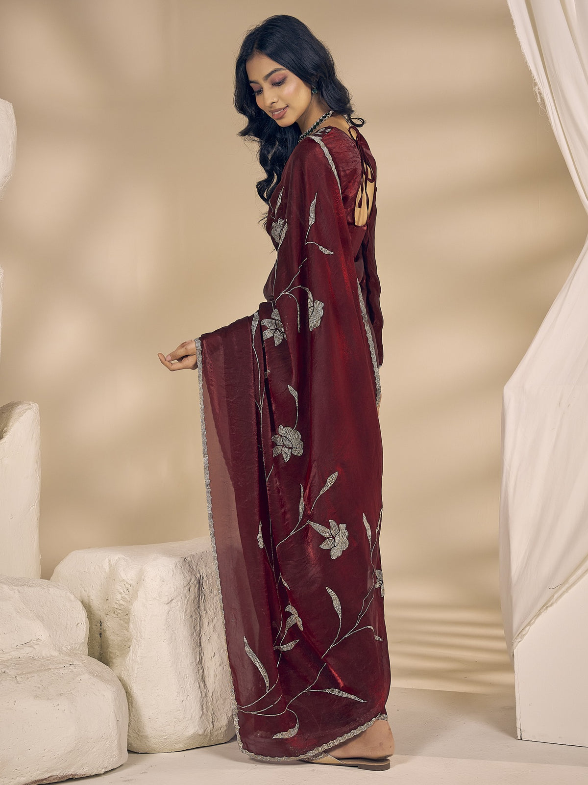 Maroon satin silk saree view 3