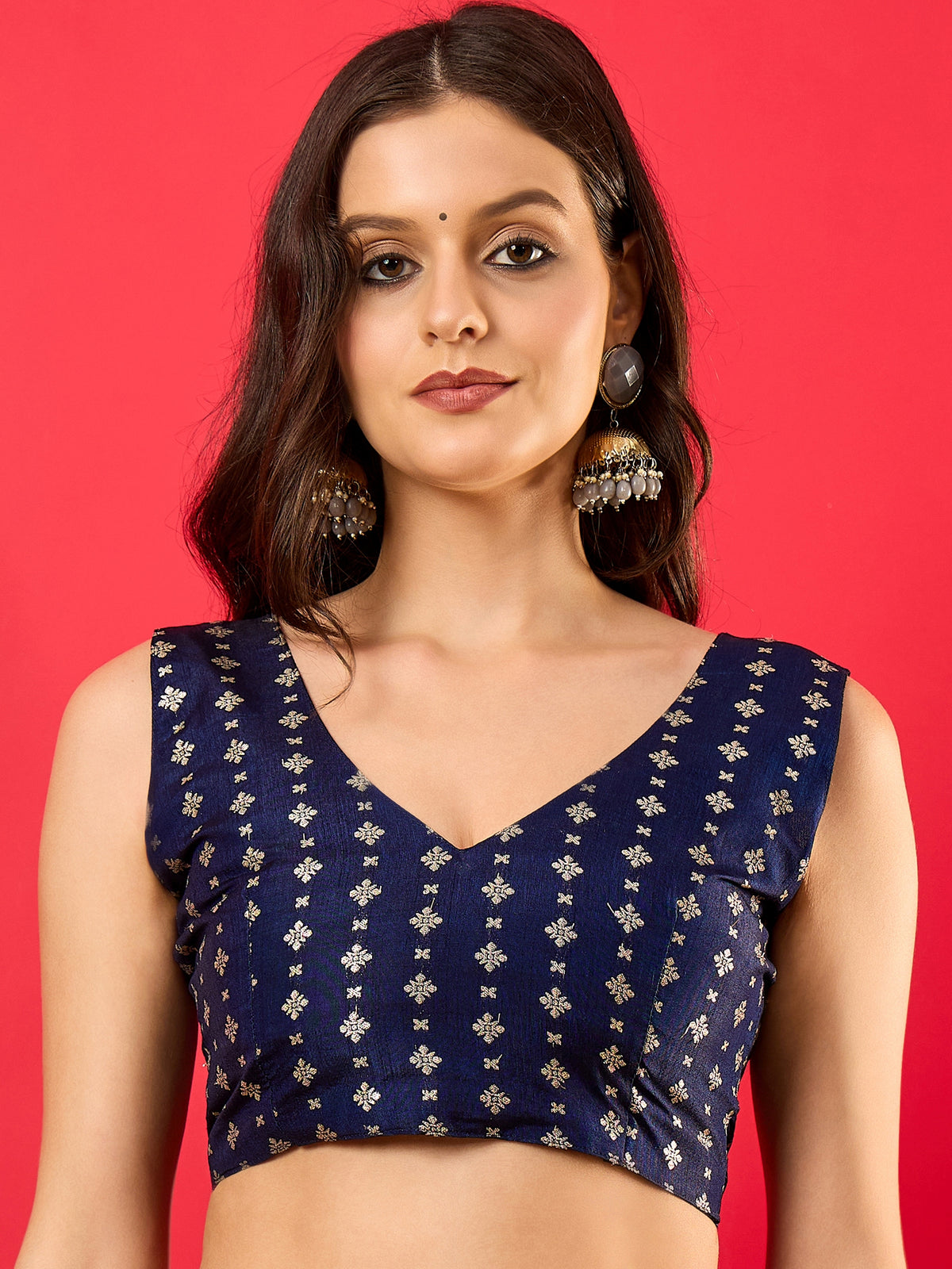 Unstitched navy blue mysore silk blouse piece with ethnic motif design