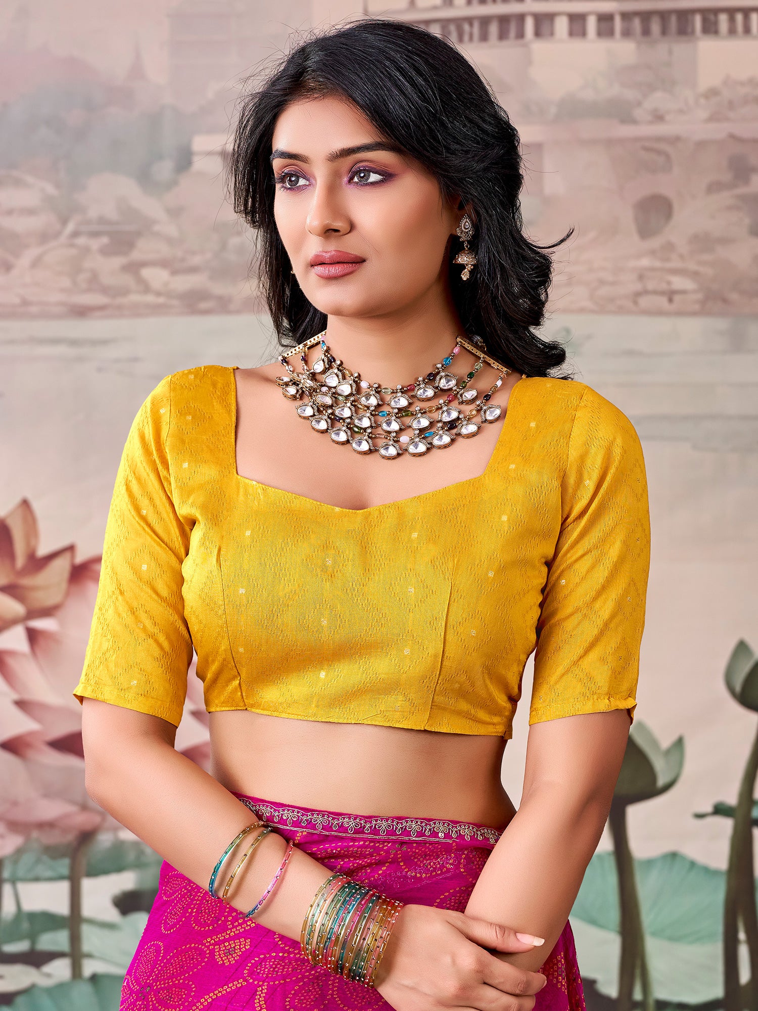 Unstitched mustard georgette blouse piece with zari butta design