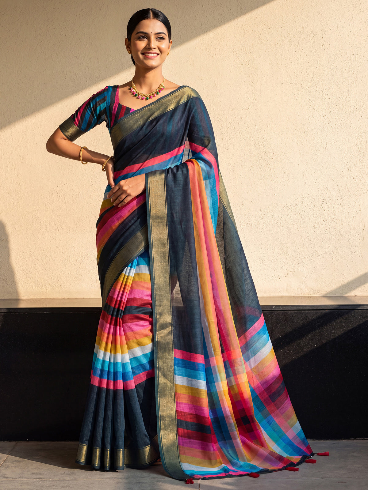 Woman wearing green linen saree with colorblocked design and multicolored blouse