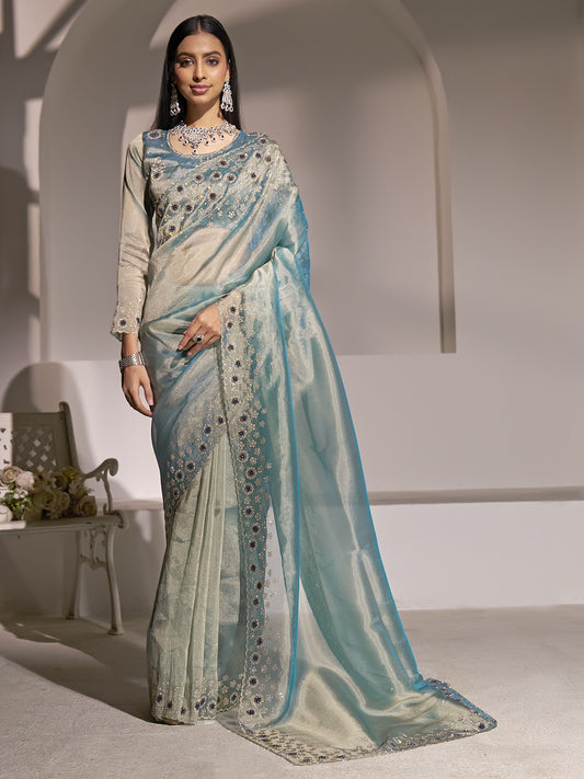 Light Blue applique organza saree with light blue blouse piece