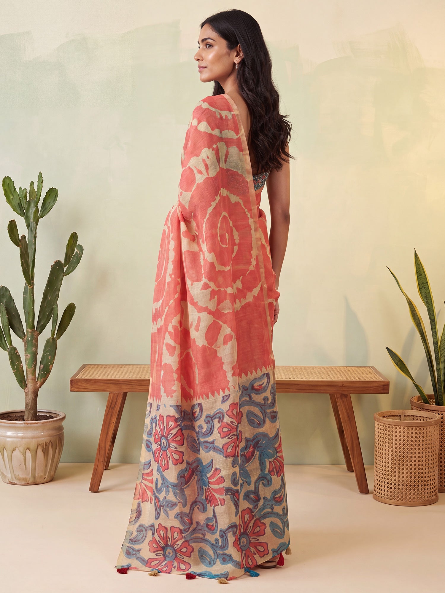 Rust Cotton Linen saree – detail view 1