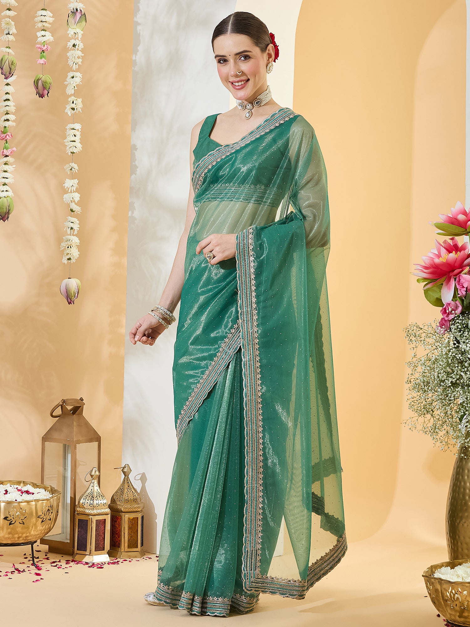 Teal Green Net saree – detail view 2